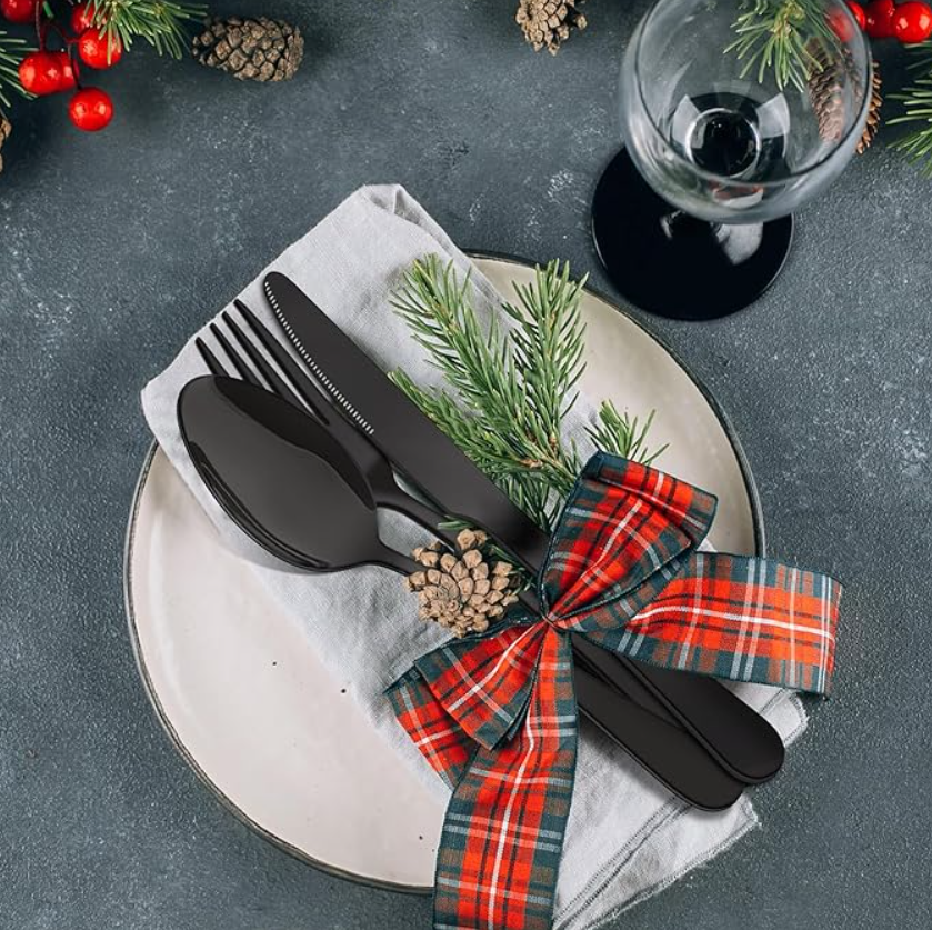 CLASSY Black Cutlery Tableware Set 30 Pieces Cutlery Stainless Steel Spoons, Knives, Forks with a Stainless Steel Silver STAND Organizer for Kitchen/ Dining Area