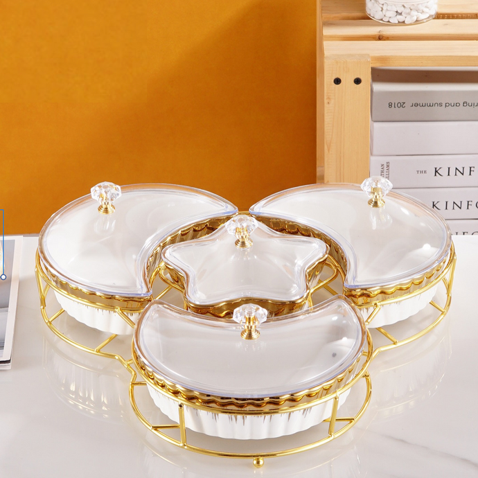 4-piece Serving Snack Plate with Gold Metal Stand Kitchen Golden Metal Tray Moon and Star Bowls Ceramic for Fruits, Nuts Organizer, Multi Sectional Serving Plate