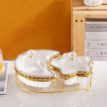 2-piece Serving Snack Plate with Gold Metal Stand Kitchen Golden Metal Tray Moon and Star Bowls Ceramic for Fruits, Nuts Organizer, Multi Sectional Serving Plate