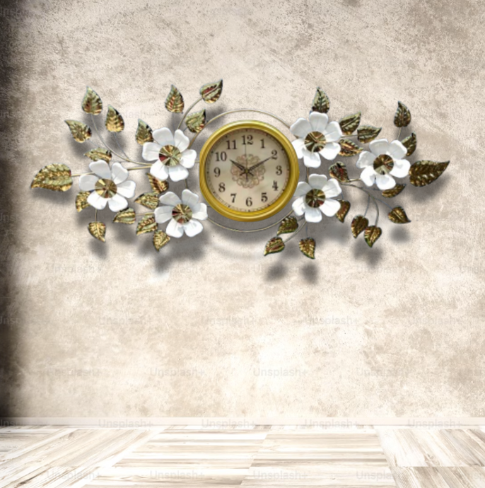 Wall Clock Art Clock Gold Wall Decoration, Creative Handmade Mute Non-Ticking Clock Stainless Steel Wall Clock with Gold Tinted Mirrors Leaf Design for Living Room, Bedroom, Office, Corridor