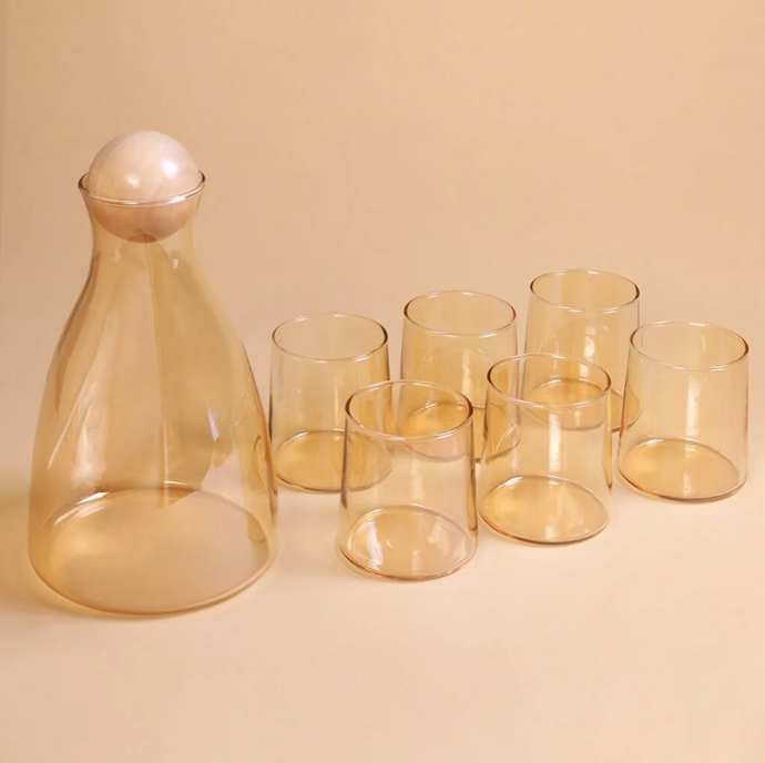 Crystal Glass Gold Juice Carafe, 7-piece Set Juice Drink Glass Container Water Utensil with Crystal Glass Matching Classy Juice Cups