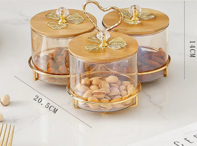 3-piece Set Serving Snack Tray Kitchen Glass Jars Heart Shape Metal Handle Tray with Wooden Lids for Fruits, Nuts Organizer, Multi Sectional Serving Plate