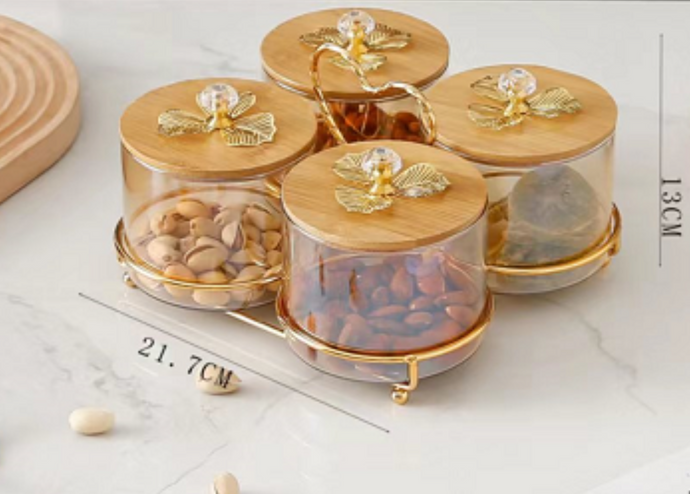 4-piece Set Serving Snack Tray Kitchen Glass Jars Heart Shape Metal Handle Tray with Wooden Lids for Fruits, Nuts Organizer, Multi Sectional Serving Plate
