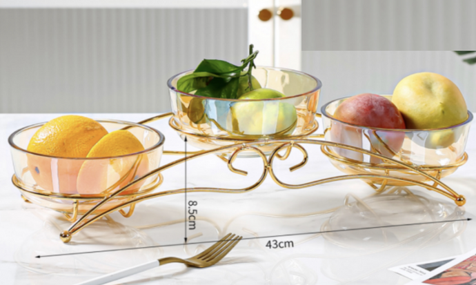 3-piece Set Serving Snack Tray Kitchen Glass Bowls Gold Metal Tray for Fruits, Nuts Organizer, Multi Sectional Serving Plate