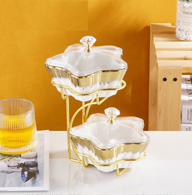 2-piece Serving Snack Plate Two Tier White and Gold with Metal Stand Kitchen Tray Star Bowls Ceramic for Fruits, Nuts Organizer, Multi Sectional Serving Plate