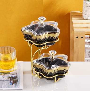 2-piece Serving Snack Plate Two Tier Black and Gold with Metal Stand Kitchen Tray Star Bowls Ceramic for Fruits, Nuts Organizer, Multi Sectional Serving Plate
