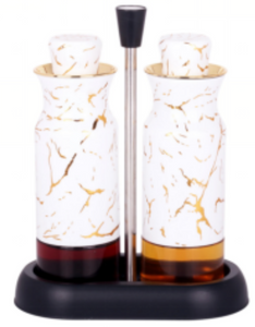 2-piece Set Condiment Jars with Rack Spice Container Olive Oil Vinegar Bottles Stainless Steel Salt Pepper Shakers Set with Stand for Kitchen Dining Table