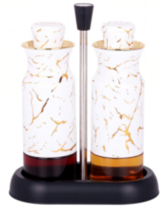 2-piece Set Condiment Jars with Rack Spice Container Olive Oil Vinegar Bottles Stainless Steel Salt Pepper Shakers Set with Stand for Kitchen Dining Table