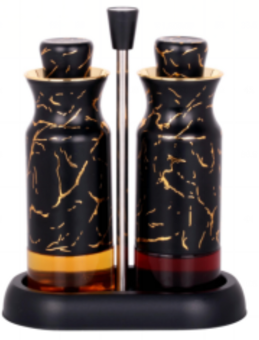 2-piece Set Condiment Jars with Rack Spice Container Olive Oil Vinegar Bottles Stainless Steel Salt Pepper Shakers Set with Stand for Kitchen Dining Table