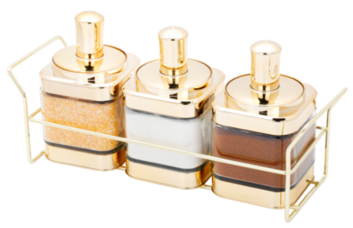 Spice Rack, Set of Three Jars in Gold with Rack Spice Container Glass Condiment Jars Stainless Steel Stand for Spices Salt Pepper for Kitchen