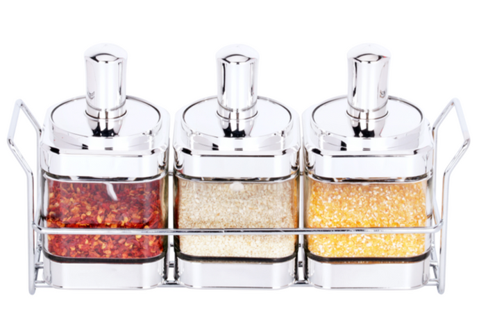 Spice Rack, Set of Three Jars in Silver with Rack Spice Container Glass Condiment Jars Stainless Steel Stand for Spices Salt Pepper for Kitchen