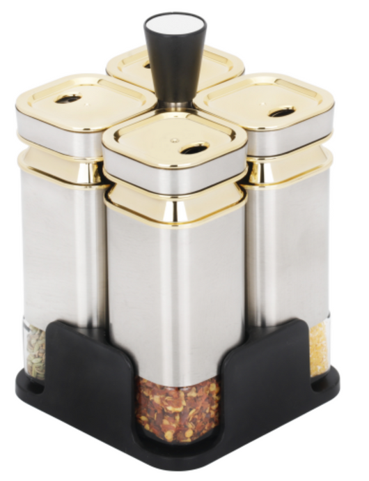 Set of Four Condiment Jars with Rack Spice Container Stainless Steel Salt Pepper Shakers Set with Stand for Kitchen Dining Table
