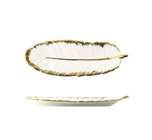 Ceramic Plate Gold and WHITE Leaf Shape Flat Plate for Fruits or Decor in White with Gold Lining