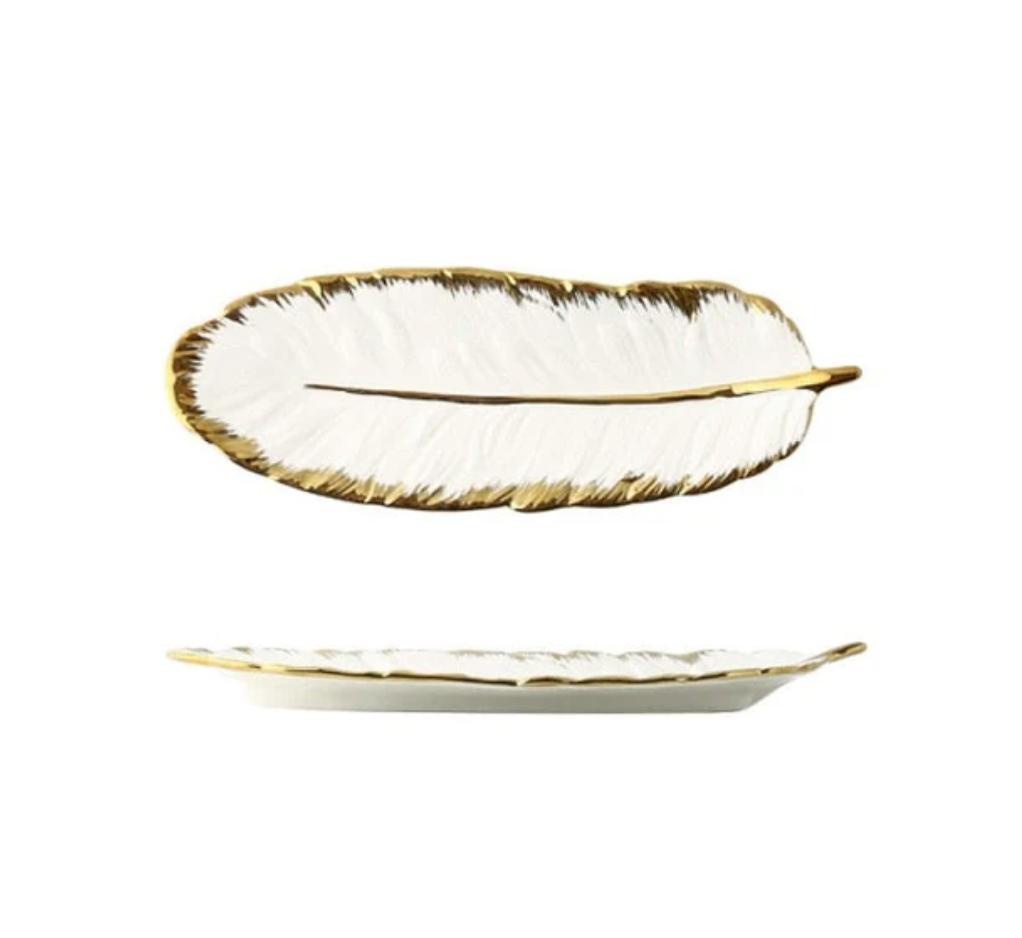 Ceramic Plate Gold and WHITE OR BLACK Leaf Shape Flat Plate for Fruits or Decor in White/ Black with Gold Lining