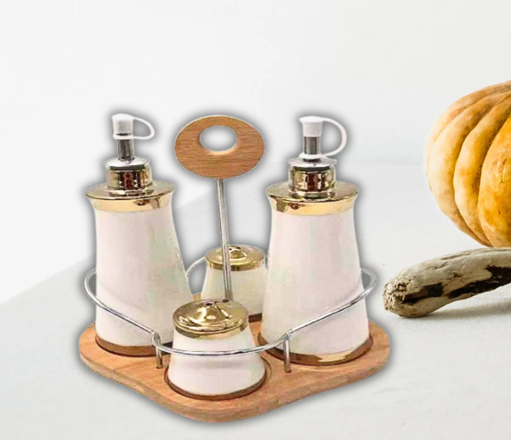 Sauces Container Set Condiment Jars with Bamboo Stand Spice Container Olive Oil Hot Sauce Bottles Salt Pepper Shakers Set with Stand for Kitchen Dining Table Serving