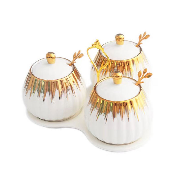 3pcs Condiment Jars Set with Lid Gold Bowls Decorative White Jars for Sugar or Kitchen Spice with Spoon Containers with Plate