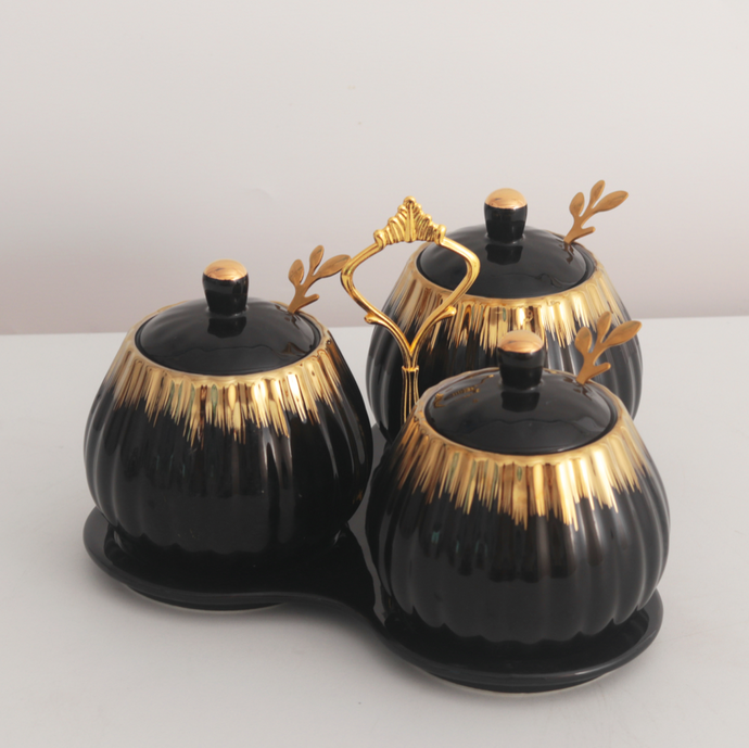3pcs Condiment Jars Set with Lid Gold Bowls Decorative Black and Gold Jars for Sugar or Kitchen Spice with Spoon Containers with Plate