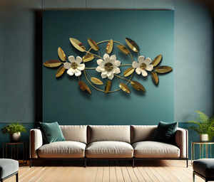 51" INCH Wall Décor Large Gold Metal Floral Wall Art with Tints of Gold Mirrors and White Flowers