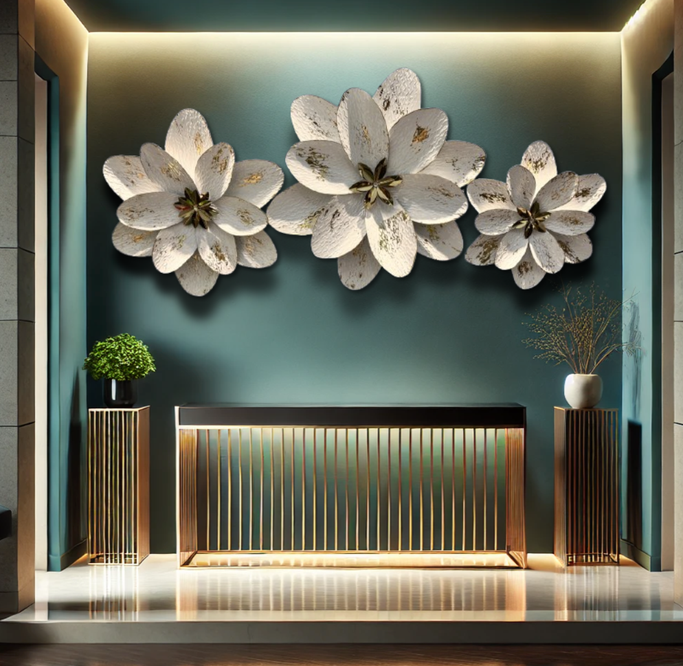 Set of Three Wall Décor Large White with Gold Metal Floral Wall Art with Shades of Glossy Gold on White Flowers