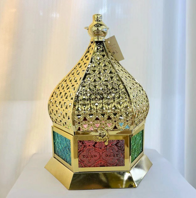 Lantern Gold with Multi-colour Centrepiece for Ramadan Decor, LED Lantern for Wedding Decor Event Organizing Holiday Home Decoration
