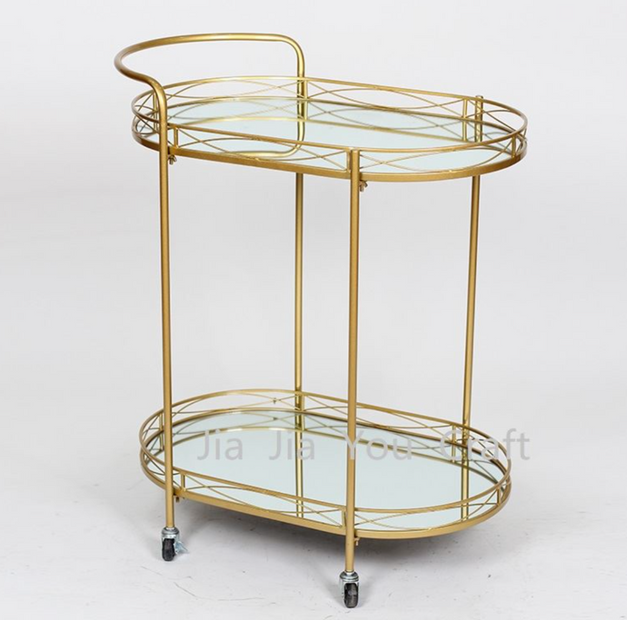 Cart Tray Modern Rolling 2-tier Cart in GOLD with Mirrors Two Shelf Lockable Wheels with Handle