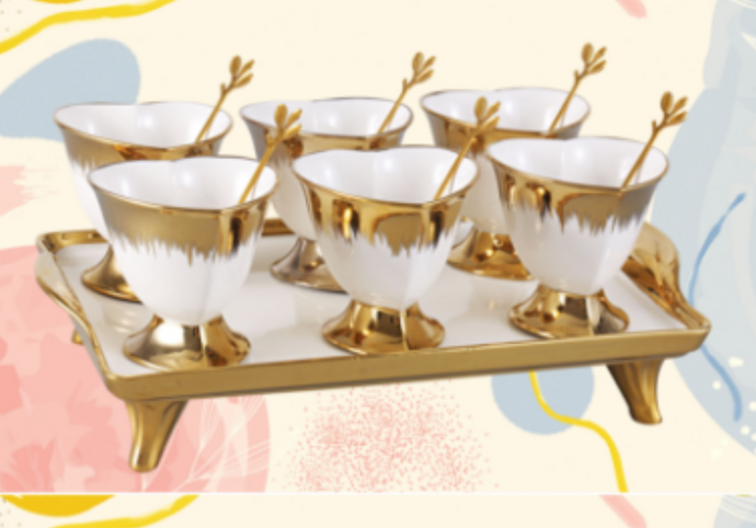 7-pieces Ice-cream Bowls and Tray Set Ceramic White and Gold Dessert Mugs Serving Tray with Golden Dessert Spoons