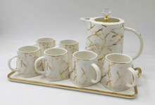 Tea Cups Set of Six with Kettle and Tray Hot Drink Cups with Tray Marble-look Gold and White Design Ceramic Luxury Looking Coffee Tea Mugs Set