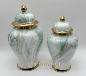 13" Ginger Jar in Gold, White and Teal Shades Ceramic Marble look Vase with Lid – Medium Decorative Centrepiece for Living Room and Kitchen Décor (1 piece included)