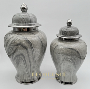 16" Ginger Jar in Silver & Grey Shades Ceramic Marble look Vase with Lid – Large Decorative Centrepiece for Living Room and Kitchen Décor (1 piece included)