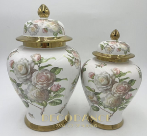13" Ginger Jar in Gold, White & Multi Shades Ceramic Flower Design Vase with Lid – Medium Decorative Centrepiece for Living Room and Kitchen Décor (1 piece included)