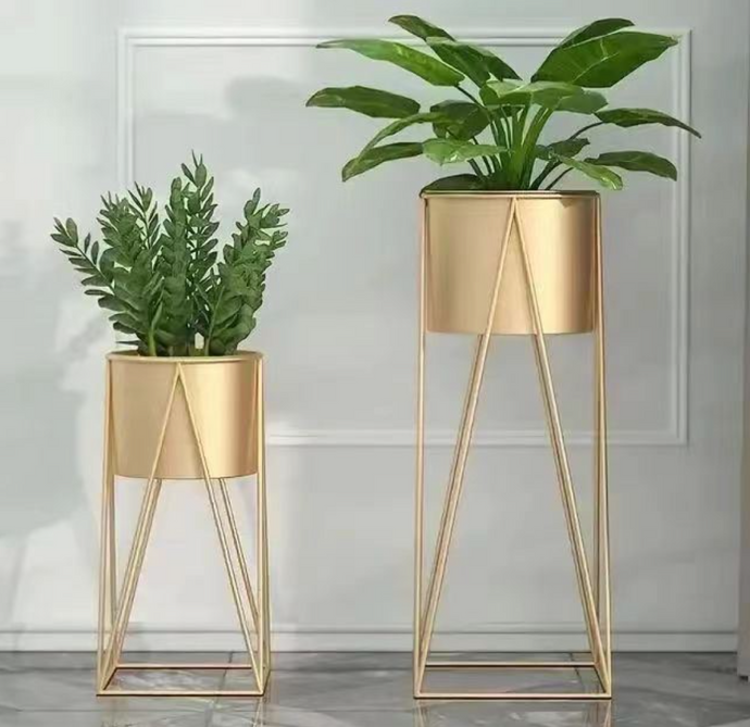 Gold Metal Planter with Stand – Modern Decorative Plant Pot, Indoor Flower Holder for Living Room, Entryway, or Office (Available in 2 Sizes)