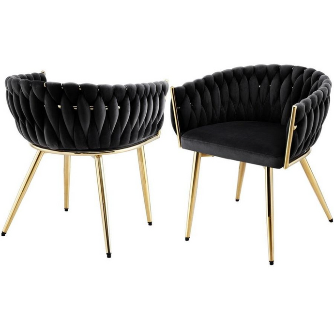 Velvet BLACK Accent Chair with Curved Design and Gold Metal Frame – Modern Curved Back Lounge Chair for Living Room, Bedroom, Dining or Office – Elegant BLACK Upholstery