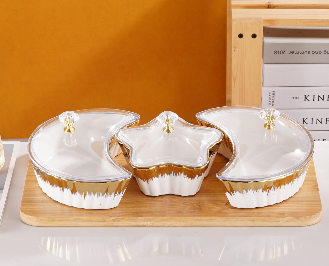 3-piece Serving Snack Plate with Wooden Tray Kitchen Golden Jars Tray Moon and Star Bowls Ceramic for Fruits, Nuts Organizer, Multi Sectional Serving Plate
