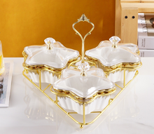 3-piece Serving Snack Plate White and Gold with Metal Stand Kitchen Tray Star Bowls Ceramic for Fruits, Nuts Organizer, Multi Sectional Serving Plate