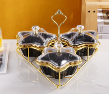 3-piece Serving Snack Plate Black and Gold with Metal Stand Kitchen Tray Star Bowls Ceramic for Fruits, Nuts Organizer, Multi Sectional Serving Plate