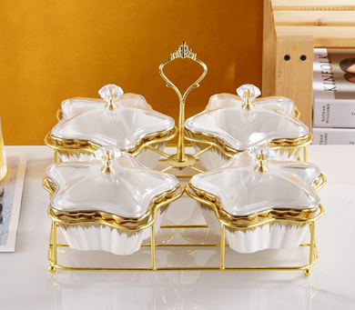 4-piece Serving Snack Plate White and Gold with Metal Stand Kitchen Tray Star Bowls Ceramic for Fruits, Nuts Organizer, Multi Sectional Serving Plate
