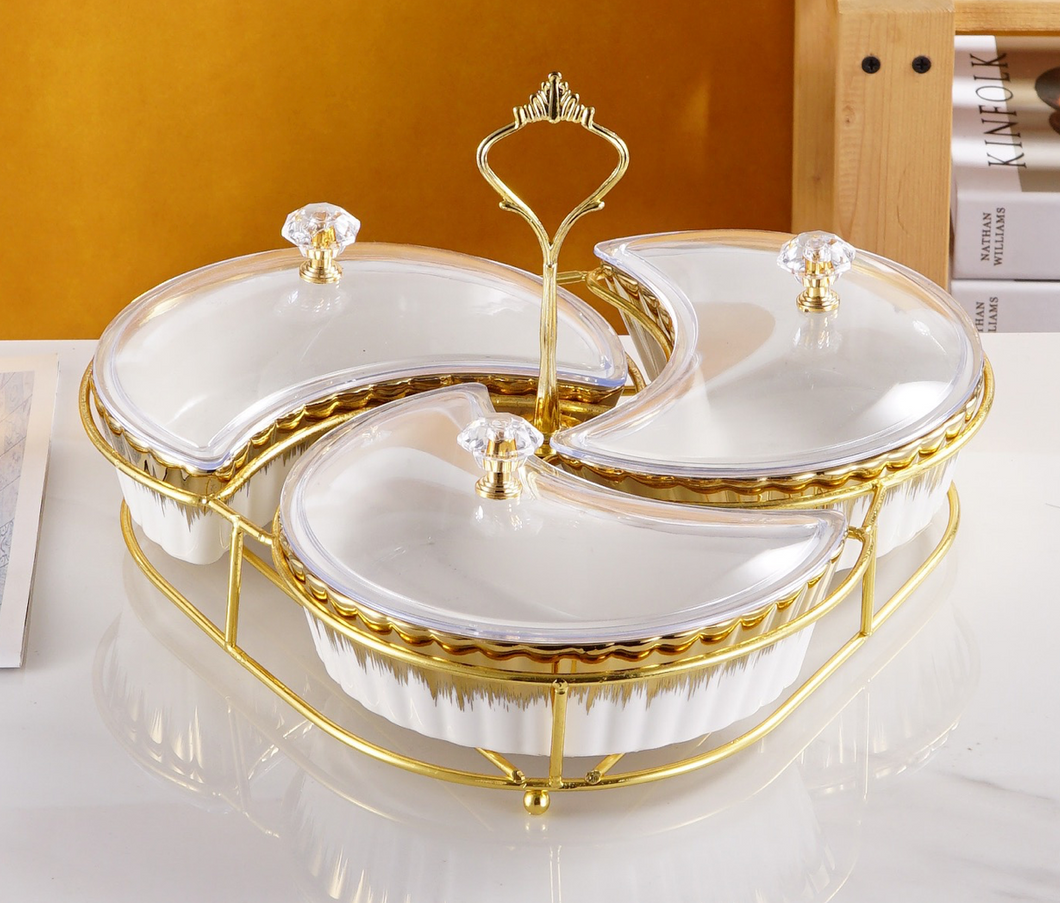 3-piece Serving Snack Plate White and Gold with Metal Stand Kitchen Tray Moon Bowls Ceramic for Fruits, Nuts Organizer, Multi Sectional Serving Plate
