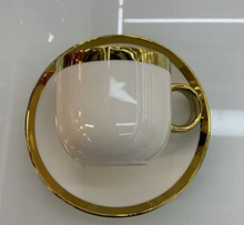 Tea Cups Set of Six with Saucers Hot or Cold Drink Cups with Plates in White and Gold Design Ceramic Luxury Looking Coffee Tea Mugs Set 6-Pieces