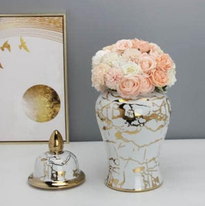 Ginger Jar Medium with Lid in Gold and White Ceramic Marble Look Ginger Jar for Living Room or Kitchen Decoration (ONE PIECE INCLUDED)