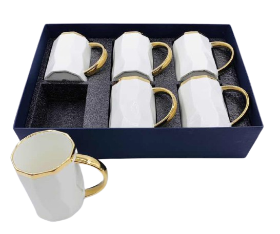 Tea Cups Set of Six White Gold Tea Coffee Mugs Hot Cold Drink Cups Ceramic Luxury Looking Coffee Tea Mugs Set 6-Pieces