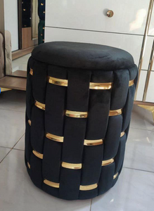 Ottoman Chairs Round in Velvet Material with Stainless Steel Golden Texture with Storage