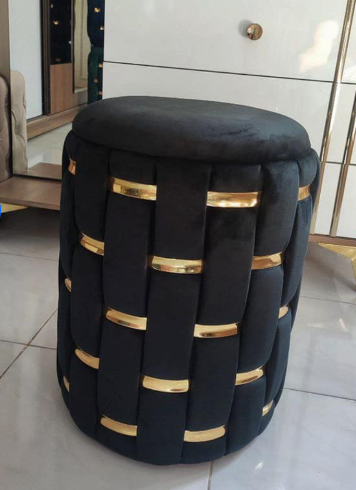 Ottoman Chairs Round in Velvet Material with Stainless Steel Golden Texture with Storage