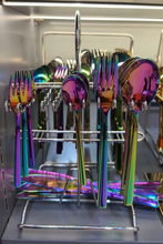 Colourful Tableware Set 30 Pieces Cutlery Stainless Steel Spoons, Knives, Forks with a Stainless Steel Silver STAND Organizer for Kitchen/ Dining Area