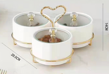 3-piece Set Serving Snack Tray Kitchen Golden Heart Shape Metal Tray White Ceramic Bowls for Fruits, Nuts Organizer, Multi Sectional Serving Plate