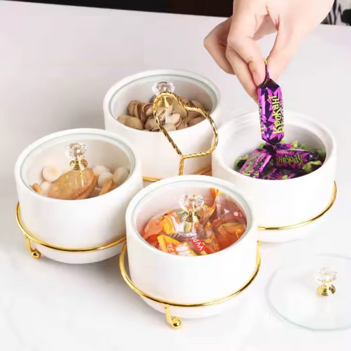 4-piece Set Serving Snack Tray Kitchen Golden Heart Shape Metal Tray White Ceramic Bowls for Fruits, Nuts Organizer, Multi Sectional Serving Plate