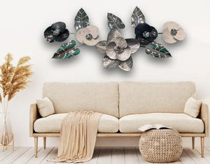 51" INCH Wall Décor Large Silver Metal Floral Wall Art with Shades of White and Black Stainless Steel Mirrors Flower Leaves
