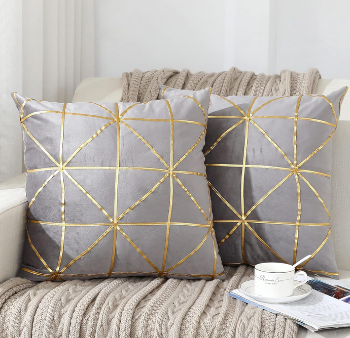 Pillow Case with Fillers Cushion Cover Throw and Pillow Insert in GREY & GOLD Colour - Set of 2 with Zipper