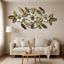 51" INCH Wall Décor Large Silver Metal Floral Wall Art with Tints of Silver Mirrors and White Flowers