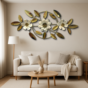 51" INCH Wall Décor Large Silver Metal Floral Wall Art with Tints of Silver Mirrors and White Flowers
