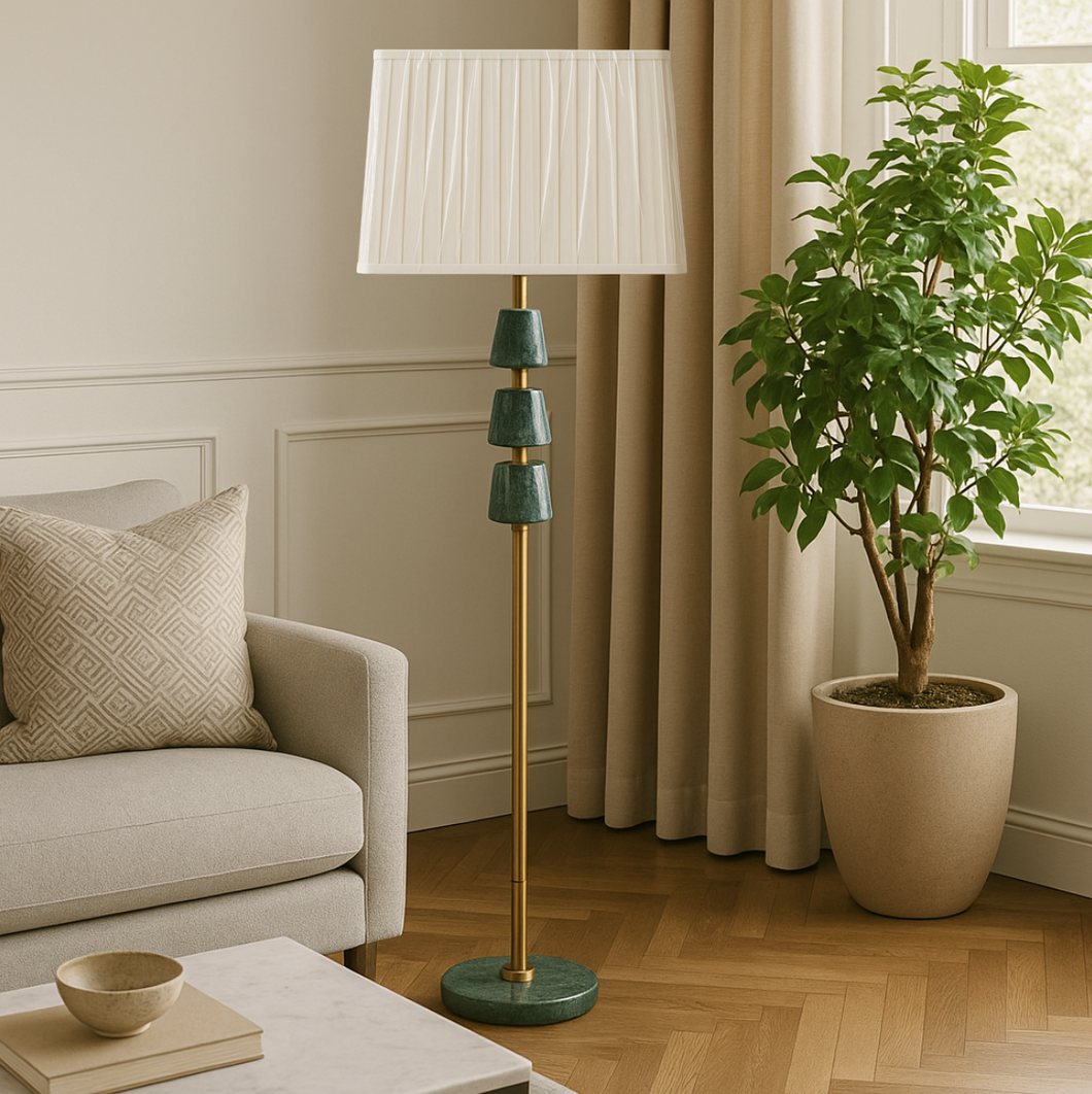 Modern Floor Lamp in Green Marble with Gold Metal Frame and Off-white Fabric Removable Lamp Shade – 63